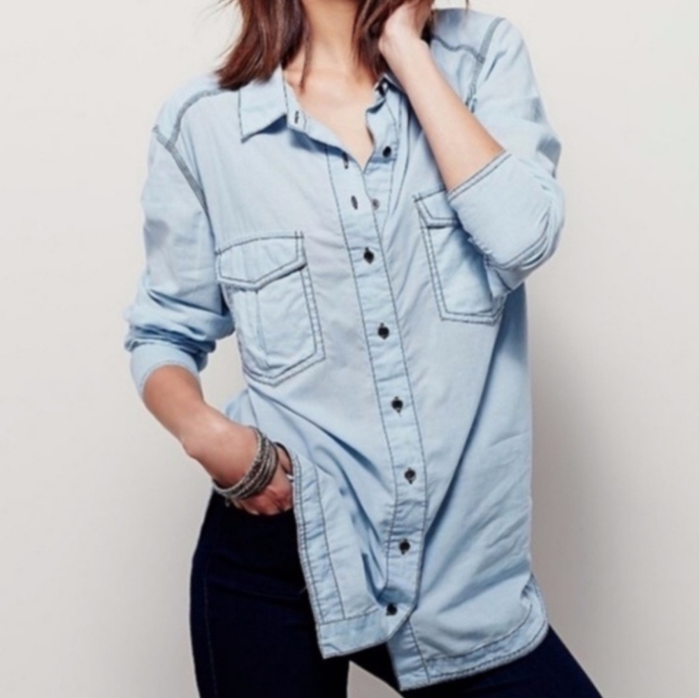 Free People Last Chance Blue Chambray Button-Down Boho Western Shirt